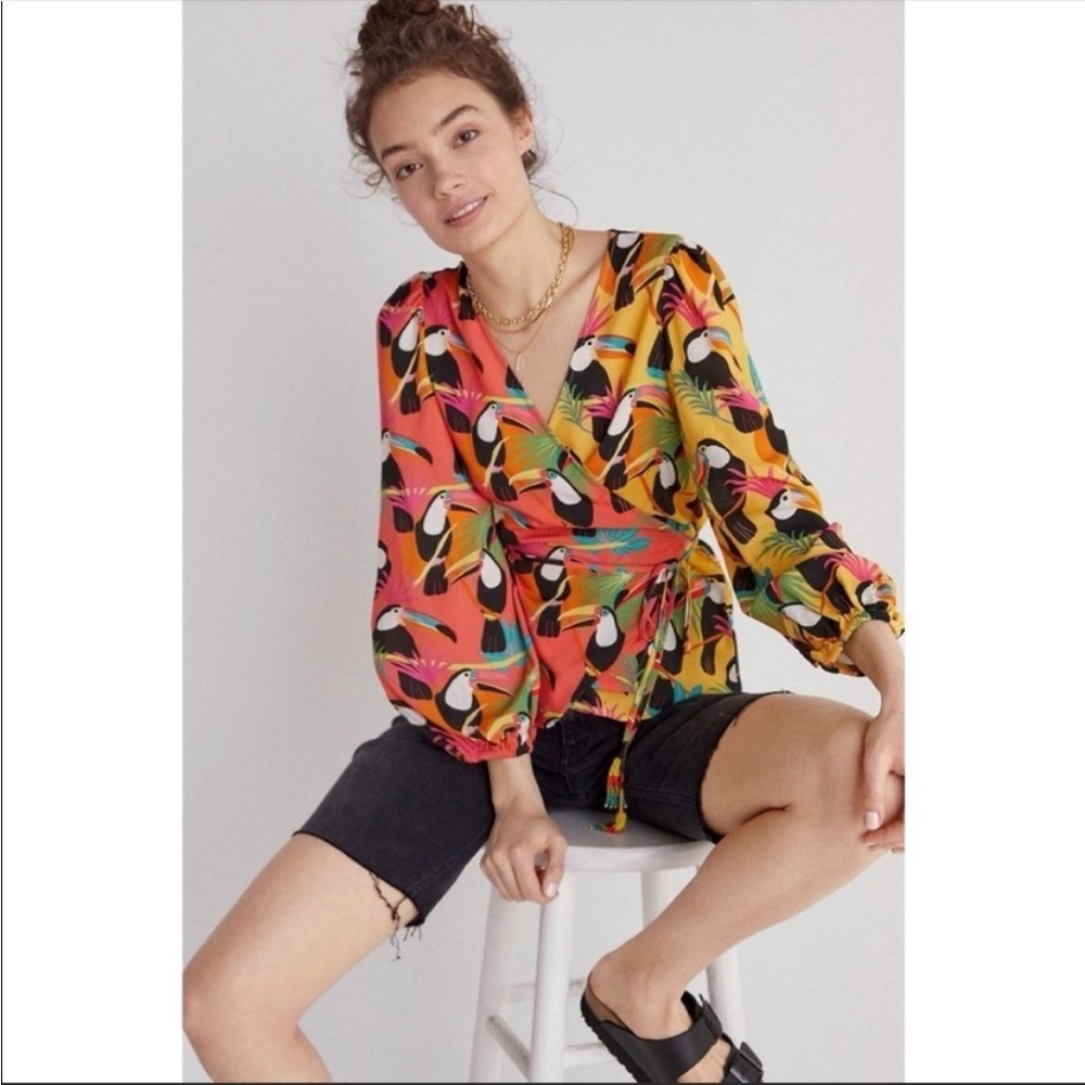 Anthropologie Farm Rio Toucan Wrap Blouse Pink Tropical Size S Nwt Top